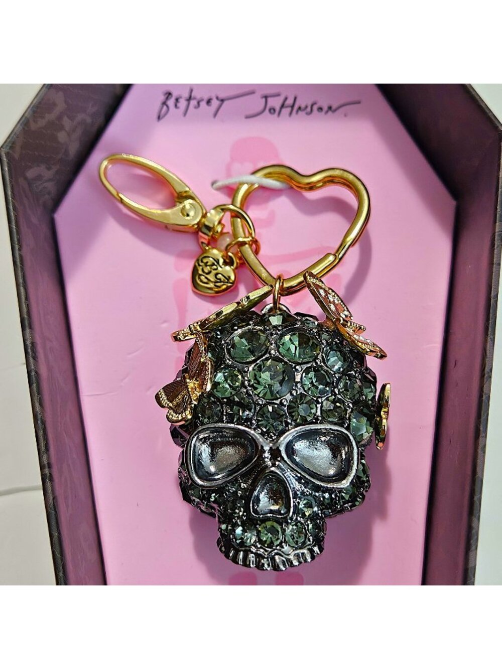 Betsey Johnson Crystal Skull Bag Charm / Key Chain – Gunmetal Rhinestone Skull